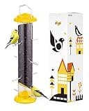 iBorn Nyjer & Thistle Bird Feeder for Outdoors Hanging，Finch Feeders for Outside，Metal Tube Bird Feeder 14 Inch with 12 Small Ports,8 Metal Perches,Yellow