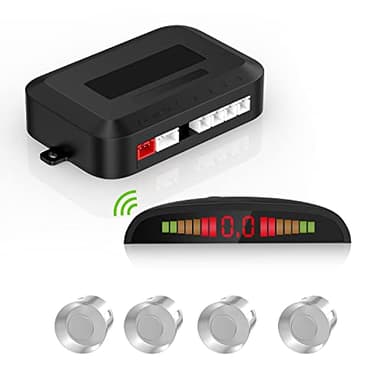 EKYLIN Wireless Car Parking Sensor, Reverse Radar System with 4 Parking Sensors, Wireless LED Distance Display with Sound Warning + 4 Silver Color Car Reverse Parking Sensors for Cars Vans RV Trailer