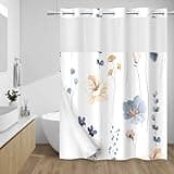 WITHLOC No Hook Shower Curtain with Snap in Liner - Watercolor Floral Shower Curtain - Fabric Waterproof Inner Liner, Plants Blue Beige Flowers White Cloth Shower Curtains Washable, 71 x 74 Inch