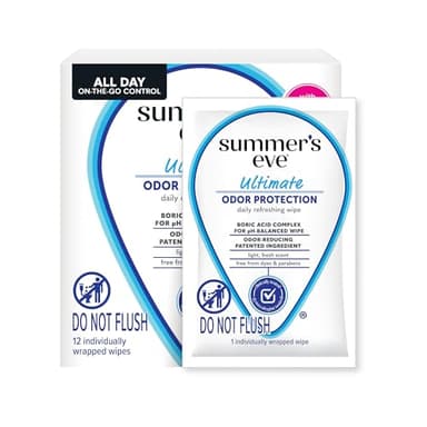 Summer's Eve Ultimate Odor Protection Daily Feminine Wipes, Gentle pH-Balanced Formula with Boric Acid Cleanses & Removes Vaginal Odor, Individually Wrapped Body Wipes, 12 Count