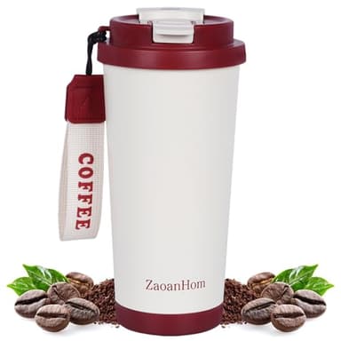 ZaoanHom Insulated Coffee Mug with Ceramic Coating, 18 oz Ceramic Lined Travel Coffee Mug with Leakproof Lid, Double Wall Stainless Steel Hot ＆ Cold Drinking Cup for Office Camping Travel, Red