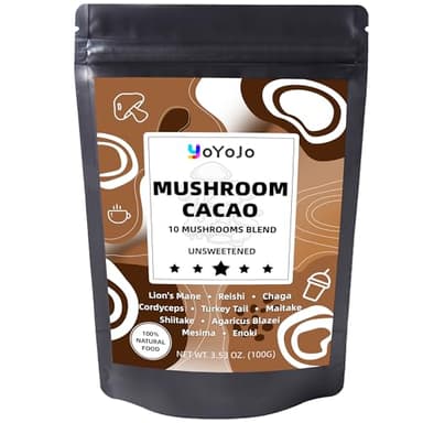 Mushroom Cacao Mix, Organic Raw Cacao with 10 Mushrooms Powder, Non-GMO, Vegan, Gluten Free, Unsweetened Hot Chocolate Natural Supplement, 3.53oz