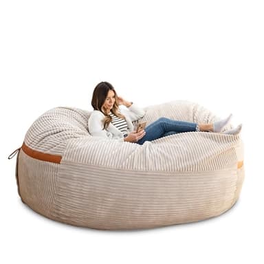 Big Joe Fuf 8Ft Giant Foam Bean Bag Chair, Oversized Couch with Removable Cover for Kids, Teens, Adults, Vanilla Latte Corded Plush, 8 Foot