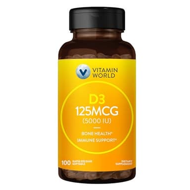 Vitamin World Vitamin D3 5000 IU 100 Softgels, Mega-Potency, Bioavailable, Promotes Bone Health, Helps Support Immune System, Rapid-Release, Gluten Free