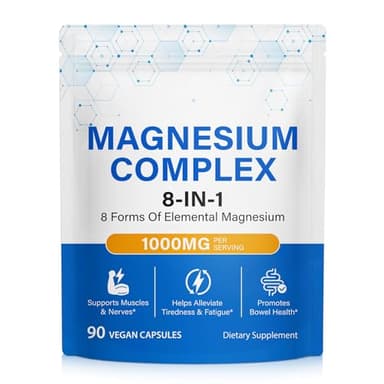 Magnesium Complex 8-in-1 – 1000mg High Absorption Magnesium Supplement with Glycinate Malate Citrate Orotate Taurate Oxide Aspartate Carbonate – Vegan Capsules for Daily Wellness 90 Count