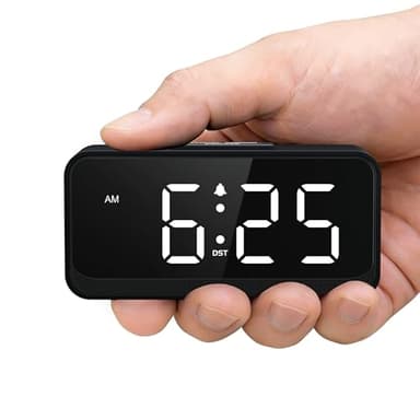 Srubambi Battery Operated Small Alarm Clock: Digital Compact Large Display Cordless Clock for Bedroom Travel - Simple to Use for Seniors Teens White Digits