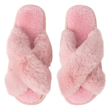 Enteer Women's Slipper Memory Foam Cross Band Fuzzy Slippers Open Toe Cozy House Slippers Cozy Plush Bedroom Indoor Outdoor Pink US 9-10