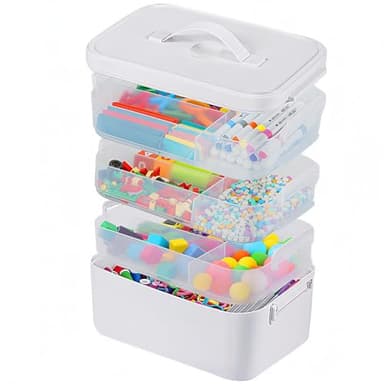 4-Layer Craft Organizers and Storage with Removable Trays, Craft Organizer with lids and Handle, Arts and Crafts Storage, Art Organizer, Crafts Organization, for crayons, Sewing, Tool, Playdoh，White
