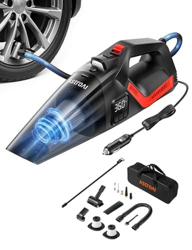 AstroAI 4-in-1 Car Vacuum Cleaner and Tire Inflator Portable with Accessories Air Compressor Digital Dual Values Display, 150 PSI Car Tires Air Pump with LED Light, 12V DC, 16.4FT Cord for Auto