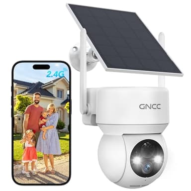 GNCC Solar Security Cameras Wireless Outdoor 2.4G WiFi, 360° View, Solar/Battery Powered, AI Human Detection, Color Night Vision, 2-Way Audio, Spotlight Siren Alarm, IP65 Waterproof, SD/Cloud Storage