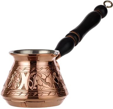 DEMMEX Thickest Copper Turkish Greek Arabic Coffee Pot, Stovetop Coffee Maker, Cezve Ibrik Briki with Wooden Handle & Spoon, Hand Engraved