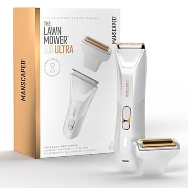 MANSCAPED® The Lawn Mower® 5.0 Ultra Men's & Women's Groin & Body Hair Trimmer – Dual-Head SkinSafe® Trimmer & Foil Blades, Waterproof Wet/Dry Groomer, USB-C Rechargeable with Travel Case, White
