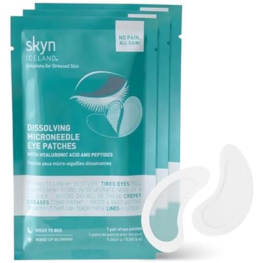 skyn ICELAND Dissolving Microneedle Under-Eye Patches — 39% Hyaluronic Acid & Peptides, No-Slip Overnight Eye Mask, Vegan, All Skin Types, 3 Pairs