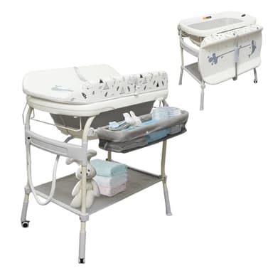 2 in 1 Baby Bathtub with Changing Table, DEYGIA Waterproof Diaper Changing Station Portable Changing Table Adjustable Height Nursery Organizer with Storage Racks for Newborn Infant Toddler