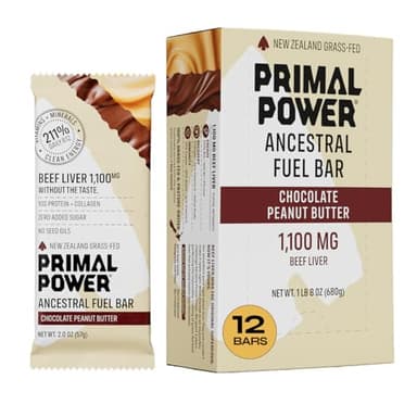 Primal Power Beef Liver Bar 1100mg - New Zealand Grass-Fed, 211% DV B12, 10g Protein Collagen - Zero Added Sugar, No Seed Oils, Gluten Free - Chocolate Peanut Butter (12 Pack)