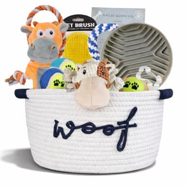 Paws For Reaction New Puppy Gift Basket - Premium Puppy Starter Kit and Dog Gift Basket with Dog Toys - Perfect Doggie Birthday Gifts and Puppy Necessities with Pet Toy Basket.