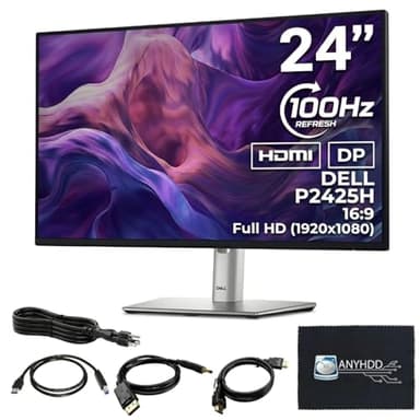 Dell P2425H Computer Monitor Screen 24" 16:9 IPS Display with Stand - 1 Year Warranty, 100Hz Full HD, 1920 x 1080 with Power Cable, Anyhdd DisplayPort, HDMI, USB 3.0 Upstream Cable & Cloth - New