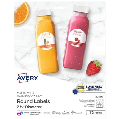 Avery Durable Waterproof Round Labels with Sure Feed Technology, 2.5" Diameter, White, Laser & Pigment-Inkjet Compatible, 72 Blank Labels Total, Great for Branding, Packaging, and More (22856)