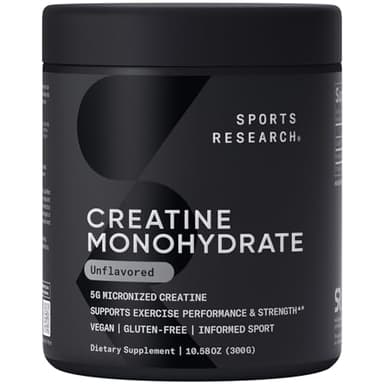 Sports Research Creatine Monohydrate - Gain Lean Muscle, Improve Performance and Strength and Support Workout Recovery - 5 g Micronized Creatine - 10.58 oz