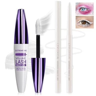 LZXLUKGIR White Mascara and Eyeliner Set,5D Colored Volume and Length Waterproof,White Mascara for Eyelashes,Natural Lengthening Curling,Suitable for Women