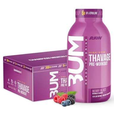 RAW Ready to Drink Pre-Workout Drink - BUM Thavage RTD Preworkout Shakes - Energy Supplement Drinks with Beta Alanine, L-Citrulline & Caffeine - Zero Sugar (12 Pack, Berry Blast)