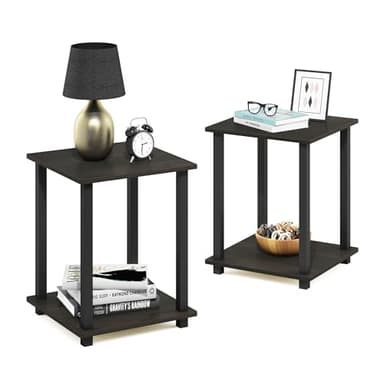 Furinno SIMPLISTIC Side Table Set of 2, 2-Tier Square Modern End Table, Nightstand, Night Stand, Bedside Table, Toolless Assembly, for Living Room, Bedroom, Espresso