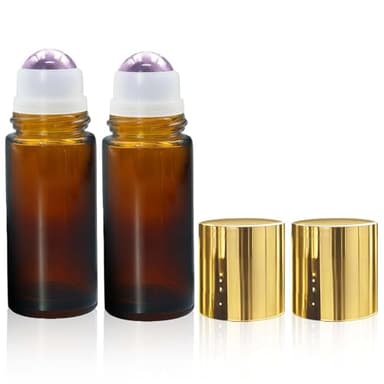 Warmify 2 Pack Amethyst Roller Bottles for Essential Oils, 50ml Refillable Amber Glass Roll On Bottles with Natural Crystal Roller Balls, Leak-Proof Travel Perfume Bottle with Gold Caps