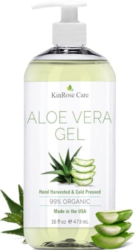 KinRose Care, 16oz Organic Aloe Vera Gel for Face, Skin, Hair & Sunburn Relief - From 100 Percent Pure Aloe Vera - Cold Pressed, Vegan, Unscented - Made in USA.