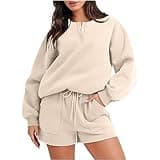 Scuba Dupes Sweatshirt Sweatsuits For Women Set 2 Piece Outfits Oversized Long Sleeve Crewneck Sweatshirt & Lounge Shorts Matching Tracksuit Khaki S