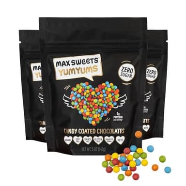 Max Sweets Dark Chocolate YumYums - Delicious Sugar Free Candy Ideal for Keto, Gluten Free, Diabetic, Low Carb, No Sugar Diets - Vegan Chocolate with Candy Coating - 3 Pack