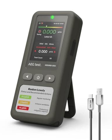 AEGTEST HOUND-1011 Portable Radon Detector for Home, Lightweight, High-Accuracy Sensor, 45-Day Monitoring, Easy-to-Use Radon Tester, Short- & Long-Term in pCi/L or Bq/m³ for Basement – Gray