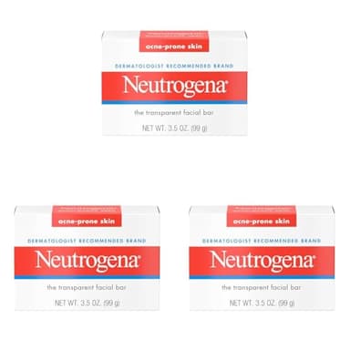 Neutrogena Facial Cleansing Bar for Acne-Prone Skin,Gentle Non-Medicated Daily Cleanser,Non-Comedogenic Transparent Soap with Glycerin,No Dyes or Detergents,3.5 oz,(Pack of 3)