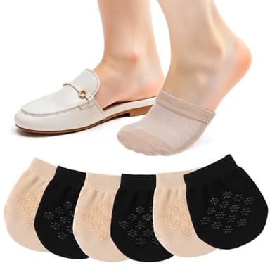 Mabor Half Socks for Women, 6 Pairs Toe Topper Socks No Show Toe Covers Toppers with Silicone Grip Black & Nude Invisible Footies for Flat Clogs