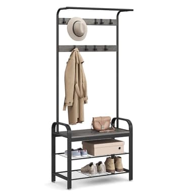 VASAGLE Coat Rack, Hall Tree with Shoe Bench for Entryway, Entryway Bench with Coat Rack, 4-in-1, with 9 Removable Hooks, a Hanging Rod, 13.3 x 28.3 x 72.1 Inches, Charcoal Gray and Black UHSR040B04