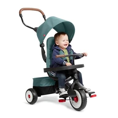 Radio Flyer City 4-in-1 Stroll 'N Trike, Teal, for Riders 1-5 Years Old, 4 Riding Modes, 3 Point Harness with Comfort Pad, Parent Controlled Steering, Rear Storage, Stroller Tricycle for Toddlers