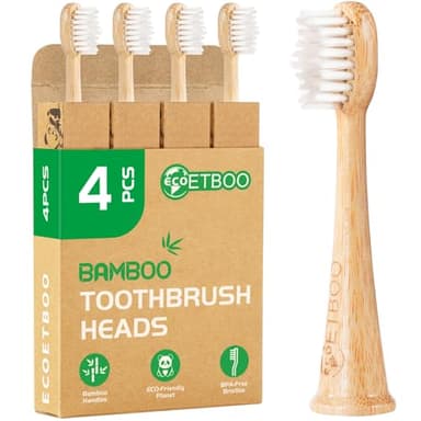 Bamboo Toothbrush Replacement Heads Compatible with Philips Sonicare, Soft Castor-Oil Biodegradable Bristles, Eco-Friendly Bamboo Handle, 4 Pack, Sustainable Daily Cleaning