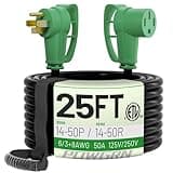 POWGRN 50 Amp RV/EV Extension Cord 25 FT Outdoor with Grip Handle, Flexible Heavy Duty 6/3+8/1 Gauge STW 4 Prong RV Power Cord Waterproof, NEMA 14-50P to 14-50R, Black-Green, ETL Listed