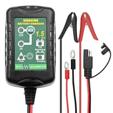 6V 12V Battery Charger 1.5A Automatic Battery maintainer trickle Battery Charger Smart Float Charger for auto car Motorcycle Lawn Mower Boat Motorcycle Snowmobile
