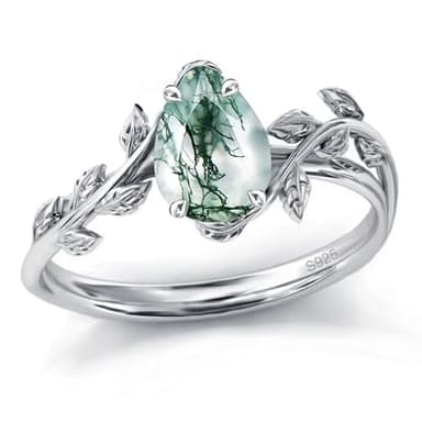 Wasee Natural Moss Agate Ring 925 Sterling Silver Green Pear Moss Agate Engagement Ring Leaf Wedding Promise Ring Jewelry Gift for Women,Ring Size 7