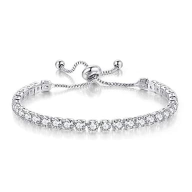 GEMOSA Tennis Bracelets for Women White Gold Plated Sparkly Diamond AAA+ Cubic Zirconia CZ Rhinestone Adjustable Trendy Bracelet Silver Fashion Wedding Gift