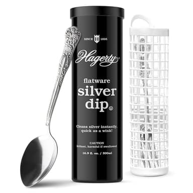 Hagerty Flatware Silver Dip - Silverware Cleaner with Basket for Silver Forks, Knives, Spoons, and Plates, Removes Tarnish Effortlessly - Black, 16.9 Fl Oz Container