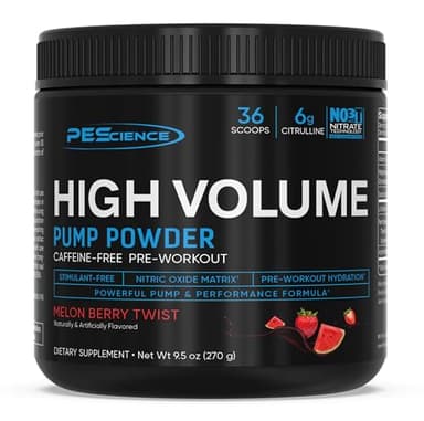 PEScience High Volume Stim-Free Pre-Workout Pump Powder, Caffeine-Free with L-Citrulline & L-Arginine Nitrate, Non-Stim Preworkout for Men and Women - 36 Scoops, Melon Berry Twist