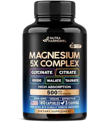 Magnesium Supplement - 5 in 1 Complex | Glycinate | Citrate | Malate | Taurate | Oxide - Made in USA - Stress, Muscle & Heart Support - Vegan, Natural, Non-GMO - 180 Capsules, 2 Month Supply