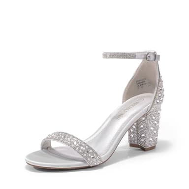 DREAM PAIRS Women's Chunk Low Heel Pump Sandals,Size 8.5,Silver/Rhinestone,SDHS2221W