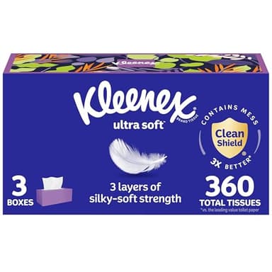 Kleenex Ultra Soft Facial Tissues, 3 Flat Boxes, 120 Tissues per Box, 3-Ply (360 Total), Packaging May Vary