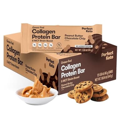 Perfect Keto Collagen Protein Bar, Gluten Free Grass Fed Collagen + MCT Oil, Low Carb, No Sugar Added, High Protein Snacks, Keto Diet Foods, 13g Protein, 18g Fat, 3g Net Carbs, Peanut Butter Chocolate Chip, 12 Bars