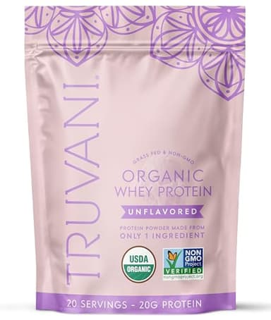 Truvani Organic Whey Protein Powder | Unflavored | 20g Grass Fed Whey Protein | 20 Servings | USDA Organic & Non-GMO | Gluten Free | No Gums, No Soy, No Stevia, No Added Sugars