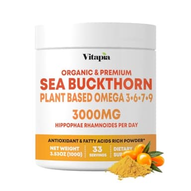 Organic Sea Buckthorn Extract Powder with Natural Omega 7 & Omega 3 6 9 for Heart Health, Skin, Immune Support - 100g Powder Supplement & 33 Day Supply - Non-GMO, Gluten-Free, Vegan-Friendly