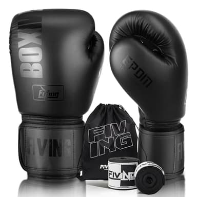 FIVING Boxing Gloves with Hand Wraps for Men and Women, Kickboxing, Mixed Martial Arts, Muay Thai, MMA, Heavy Bag Training (Black, 12oz)