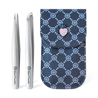 Expert Slant and Point Tip Tweezer Set with Exclusive Storage & Carrying Case, GlamTweeler Sharp & Precision Tweezer Set for Eyebrows, Facial Hairs and Fine Hairs Removal (Sparkle Silver)